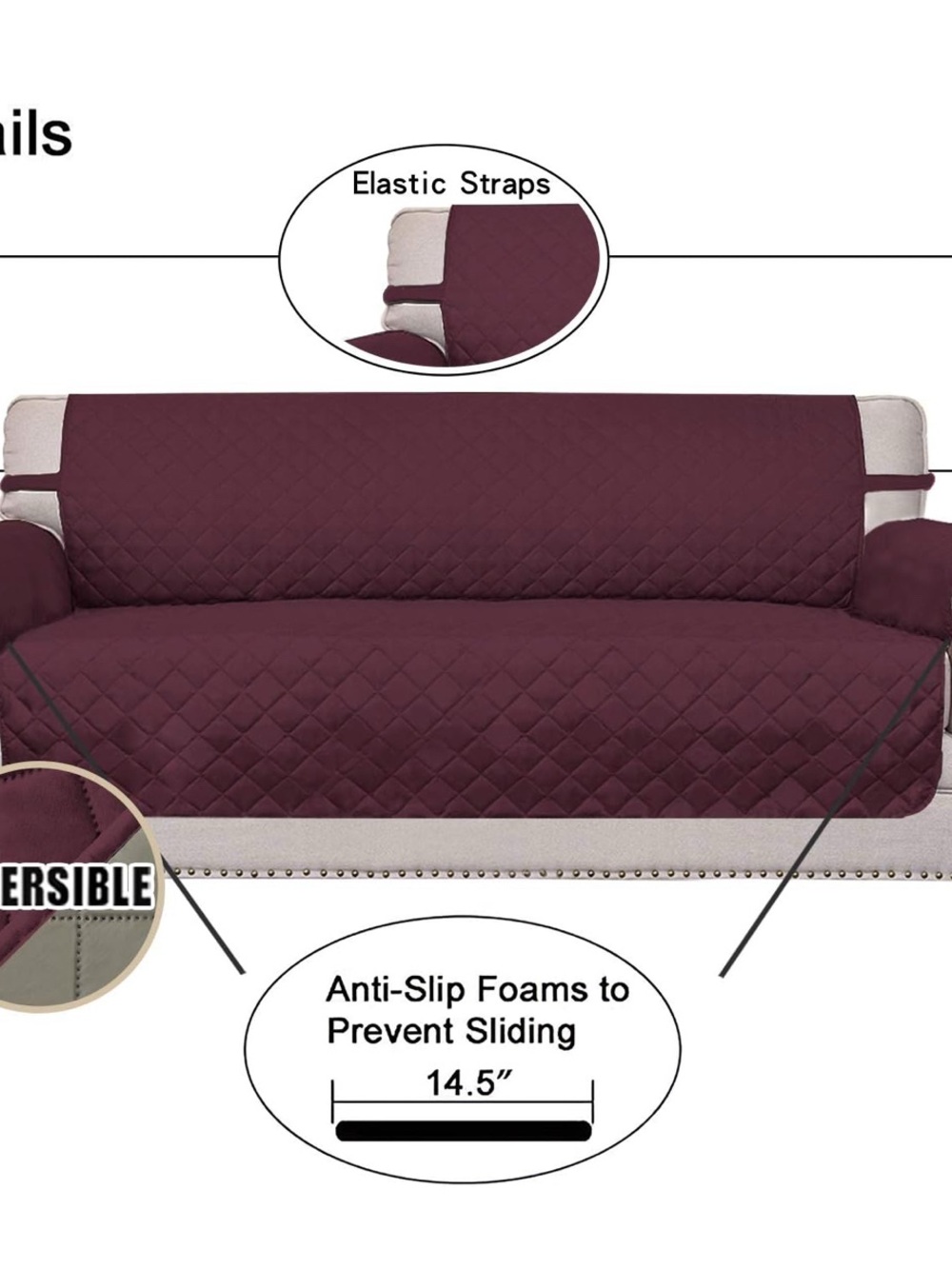 Quilted Reversible Sofa Cover in Burgundy with Anti-Slip Design